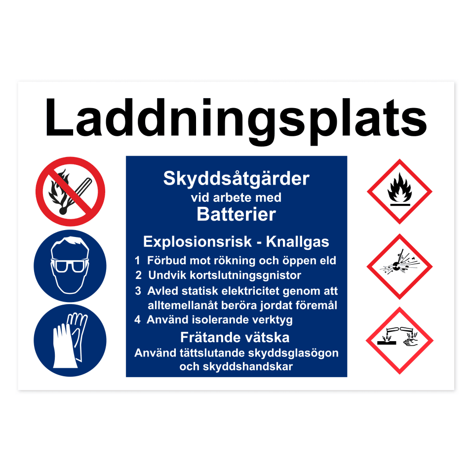 Skylten - Laddningsplats, skyddsåtgärder vid arbete med batterier. Betona "Laddningsplats, skyddsåtgärder vid arbete med batterier" med vår 0,7 mm aluminiumskylt. Mätande 420x297 mm, erbjuder skylten maximal synlighet för denna kritiska säkerhetsinformation.